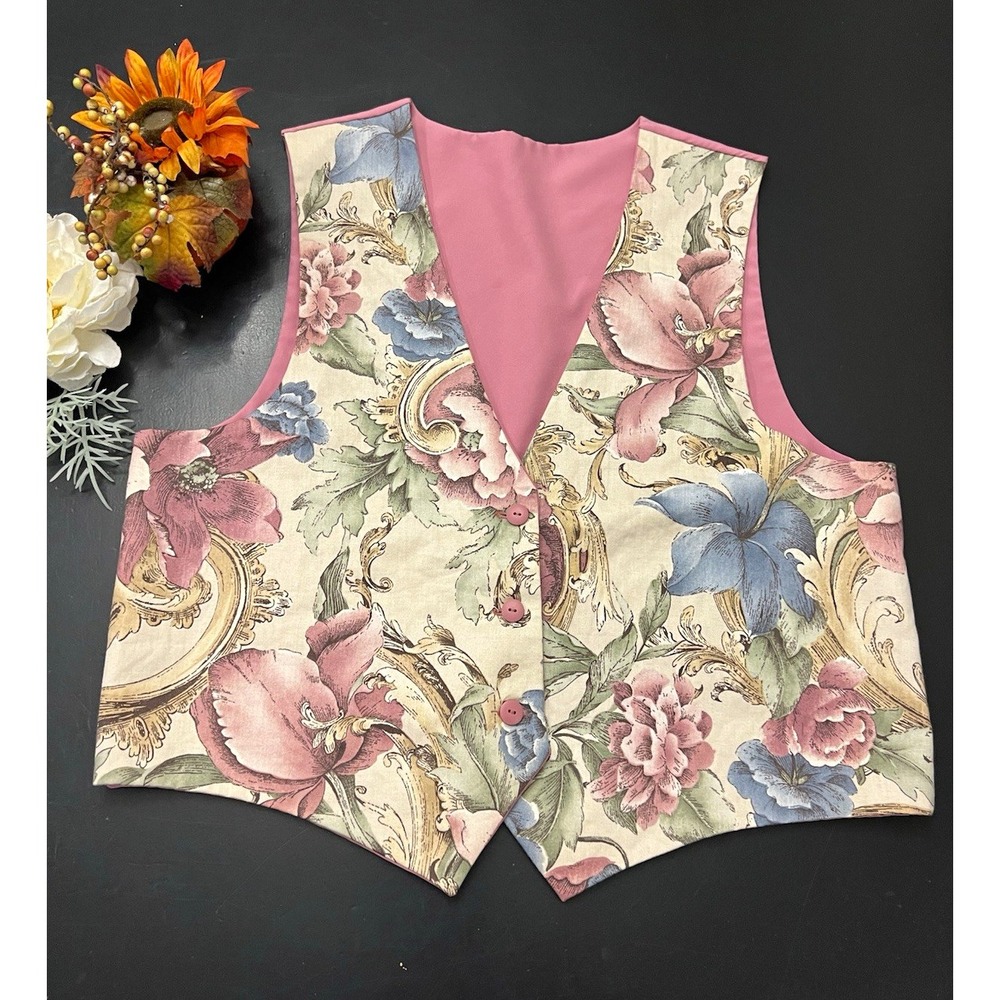 Handmade Vintage 90s 80s Floral Pink Multicolor Vest L/XL Cottagecore Grannychic